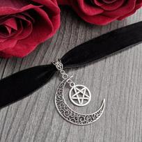 Gothic Velvet Choker In Black with Silvery Moon and Pentagram - Pagan Jewelry Witch Wicca Collar Dark Academia Dark Fashion gray