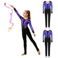 Mergaitei Štangos Šokio Triko su Cirkonio Akmenukais Kontrastinio Rašto Bodis Apvalia Kaklo Linija Ilgomis Rankovėmis Gimnastikai Sceniniams Pasiruošimams 11-12 Years mėlyna