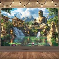 Mountain Buddha Tapestry, Serene Landscape with Temple and Waterfall, Zen Wall Art for Living Room Bedroom Decor 130x150cm51x59in white