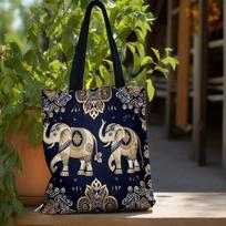 Large Capacity Reusable Elephant Print Tote Bag Bohemia Women Shoulder Handbag Multi-Functional for Daily Use Shopping Bag 35x40cm black