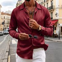 Men's Cuban Collar Satin Long Sleeve Shirt with Lustrous L brown
