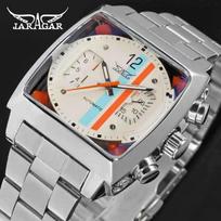 Madingi vyriški automatiniai mechaniniai laikrodžiai Kūrybingi retro kvadratiniai su kalendoriumi Nerūdijančio plieno verslo laikrodžiai vyrams white