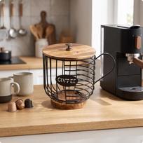 Coffee Capsule Storage Basket Countertop Pod Holder with Wooden Surface areaSaving Metal Wire juoda