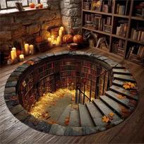 3D Spiralinių laiptų kilimas, Bibliotekos iliuzijos apvalus kilimas, Minkštas neslystantis literatūrinis dekoras studijoms, skaityklai 80x80cm
