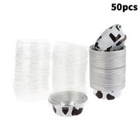 50 Pcs Round Baking Cups Aluminum Foil Wih Lids Reusable Cupcake Cups Desserts Flans Cake Pudding Jello Cups Kitchen Tools white