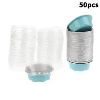 50 Pcs Round Baking Cups Aluminum Foil Wih Lids Reusable Cupcake Cups Desserts Flans Cake Pudding Jello Cups Kitchen Tools