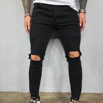 Plačios skylės keliuose, elastingi skinny džinsai vyrams, plėšyti baikerių džinsai, vienspalviai, plauti, gatvės drabužiai, juodi vyriški džinsai, sportinės kelnės 3XL juoda