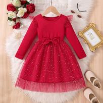 Foreign Trade Baby Girl Long-sleeved Bow Dress 2026 Autumn New Style Little Girl Fashionable Mesh Dress Princess Dress 90cm12 raudona