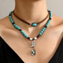 Bohemian Turquoise Beads Pendant Necklaces Multilayer Choker Necklace  Women Style A brown
