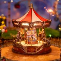 Robotime 3D Wooden Puzzle Carousel Music Box With LED Lights Gear Model Building Construction Craft Kits Xmas Gifts for Adult beige