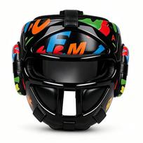 Vaikiškas profesionalus Sanda bokso šalmas su apsauga nuo kritimo ir pastorintu beždžionės veido skydeliu sparingui S Black Letters + Face Shield (100-135 cm height)