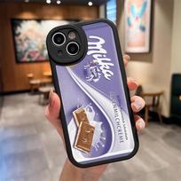 Milka šokoladiniai karvutės sausainiai telefono dėklas, skirtas iPhone 16 15 14 Pro Max 13 12 11 Mini Xs Puls, avikailio silikoninis dangtelis iPhone14 Plus white