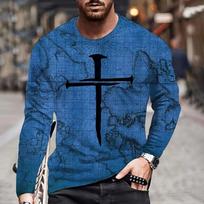 Long Sleeve T-shirt with Map & Cross Print, Casual Streetwear Essential XL blue