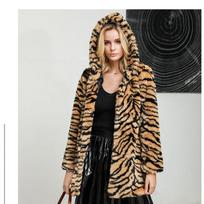 Winter super thick hooded tiger pattern coat, hairy medium and long women's imitation fur jacket, light luxury flocking S tigras