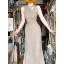 [] High-end sleeveless knitted dress summer niche slim-fitting and thin temperament long dress XL gray