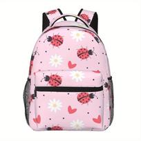 1pc Sweet Daisy Ladybug Pink Theme Half Full Print Large Capacity, Double Net Pocket Backpack, Lightweight and Durable Polyester white