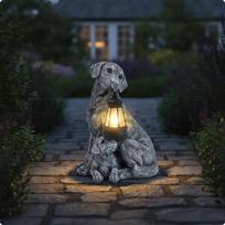 Saulės žibintas Šuns statula Cementinė Pilka Sėdinti puošmena sodui Motina Sūnus Labradoro Mother Son Labrador black