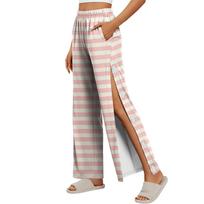 Women Striped Side Velcro Closure Easy Open Post Surgery Recovery Care Pants Elastic Waistband Medical Rehabilitation Trousers XL rožinė