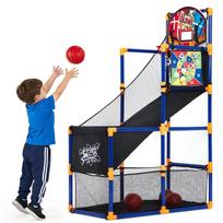 2-in-1 Kids Basketball Arcade Game Set, Adjustable Indoor Outdoor Hoop With Ball Return Ramp, 4 Balls & 6 Sticky Toss Balls blue