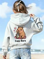 Cute Bubble Tea Capybara Kids Hoodie Sweet Animal Back Print Autumn Winter Fleece Warm Children Casual Hooded Sweatshirt 130 gray
