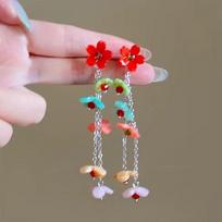 Summer Sweet Dopamine Color Beaded Flower Tassel Earrings Super Fairy Atmospheric Seaside Vacation Face Slimming Women Pierced Jewelry gray