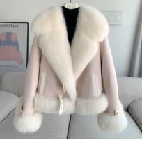Imitation fox fur jacket women's short autumn and winter new warm outer top light trendy XL rožinė