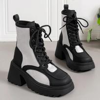 New Women Boots High Quality Cross Tied Leopard Print Casual Shoes Round Toe Mid Calf Fashion Boots for Women 42 gray
