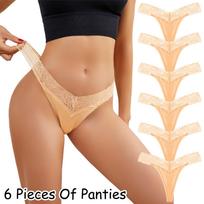 6-Piece Summer Lace Low-Rise Thong Set for Women Medium brown