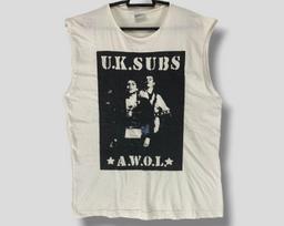 Vintage 90s UK Subs A.W.O.L. distressed T-Shirt collectible English punk concert tour destroyed tee british hardcore sleeveless shirt Large 130 beige