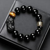 Men's Obsidian Pixiu & Tiger Eye Beaded Bracelet with Rotating Beads - Heart Sutra Design, Year of the Tiger Gift. black
