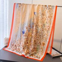 Korean Version Of Thin Printing Simulation Silk Brocade Sunscreen Butterfly Shadow Floral Silk Scarf Long Scarf Shawl Versatile Headscarf Scarf 180*80cm beige