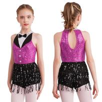 Merginų blizgučių ir kutų apvado Lotynų šokių kostiumas vaikams Tango Rumba šokių apranga 5-6 Years karšta rožinė spalva