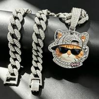 Hip Hop Style Alloy Cuban Chain Cat Pendant Necklace European and American Trend Pendant Accessory gray