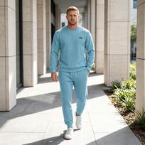 Men's 2 Piece Outfit Textured Tracksuit Set, Long Sleeve Crew Neck Pullover Sweatshirt and Drawstring Jogger Pants Casual Matching Suit M šviesiai mėlyna spalva