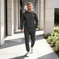 Men's 2 Piece Outfit Textured Tracksuit Set, Long Sleeve Crew Neck Pullover Sweatshirt and Drawstring Jogger Pants Casual Matching Suit XXXL tamsiai pilka spalva