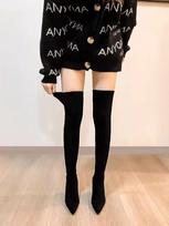 Fashion Pointy Toe Thigh High Boots Sewing Stiletto Heel Solid Suede Women's Shoes Over The Knee Elastic Shoes Long Boots Outside Winter 35 juoda