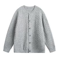 Mens Loose Cable Texture V Neck Long Sleeve Cardigan Sweater Casual Knit Outerwear XXL pilka
