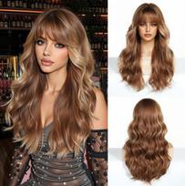 24 Inch Auburn Brown Blonde Wavy Curly Wig with Bangs, Layered Highlight Heat Resistant Synthetic Wig for Women Halloween Cosplay Party Daily Wear brown
