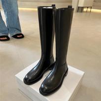 Cowhide version~ niche leather knight boots women's winter tall boots flat bottom side zipper locomotive boots long boots 40 black