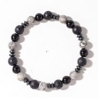 Festive Gifts Black Onyx Lava Rock Map Stone And Hematite Beaded Bracelet Bold Fashion Jewelry For Men Daily Wear Simple Versatile Accessory gray