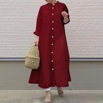 Lady's Pure Color Printed Long-sleeved Semi-high-neck Loose-waistline Casual Dress for Spring and Autumn XXXXXL bordinė