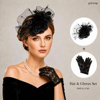 2 vnt. moteriškas gėlių fascinatorius ir nėriniuotų pirštinių rinkinys arbatos vakarėliui, Derby lenktynėms, kokteilių vakarėliui 2pcs juoda