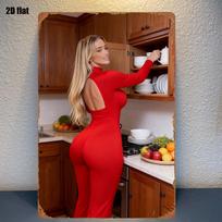 pc Red Dress Woman in Kitchen Scene Metal Sign  Classic Character Design Vibrant Colors Wall Hanging cm Multipu 20x30cm（7.8x11.8inch）