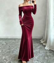 Moteriška aksominė maksi suknelė atvirais pečiais, ilgomis rankovėmis, raukta, prigludusi, elegantiška vakarinė suknelė XXXL