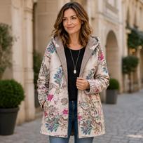 Women Boho‑Style Printed Hooded Mid‑Length Coat Fleece Lined Zip‑Up Warm Outer Jacket, Ethnic Pattern Practical Pocket Design for Ladies Autumn Winter 3XL brown