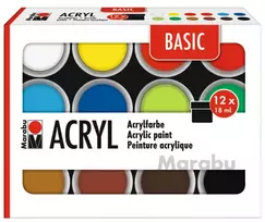 Marabu BASIC akrilinių dažų rinkinys, 12 x 18 ml, didelis pigmentavimas, labai didelis šviesos atsparumas 1210000000214