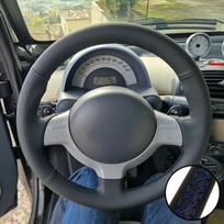 Hand Stitched Black Wear Resistant Perforated Non-slip Microfiber Leather Steering Wheel Cover For Smart Fortwo 2005-2007 Blue Thread