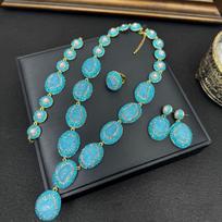 Turkish Raw Aquamarine Freshwater Pearl Crystal Jewelry Set for Women Quartz Natural Gemstone Necklace Ring Handmde Jewellry resizable blue