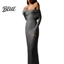 Slim Fit Evening Gown Lady Dress Bateau Neckline Off Shoulder Long Sleeves Shimmering Glittering Neck M pilka
