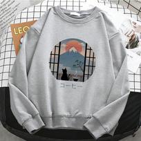 Round-neck Hoodie with Japanese-style Mount Fuji and Black Cat Coffee Illustrations, Loose-fit Long-sleeved Casual Top M gray